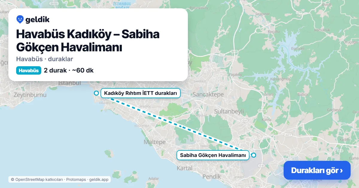 Havabüs Kadıköy – Sabiha Gökçen Havalimanı Havabüs durakları haritası: Sabiha Gökçen Havalimanı, Kadıköy Rıhtım İETT durakları