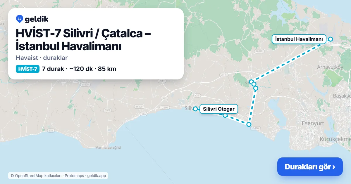 HVİST-7 Silivri / Çatalca – Istanbul Airport Havaist stops map: İstanbul Havalimanı, Çatalca Millet Bahçesi, Çatalca Organik Pazar, Serbest Bölge, Kumburgaz, Selimpaşa, Silivri Otogar