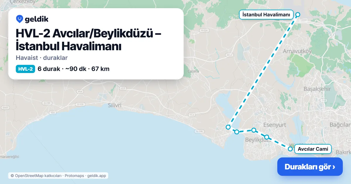 HVL-2 Avcılar/Beylikdüzü – İstanbul Havalimanı Havaist durakları haritası: İstanbul Havalimanı, Tepecik, Büyükçekmece, Tüyap, Beylikdüzü (Marmarapark), Avcılar Cami