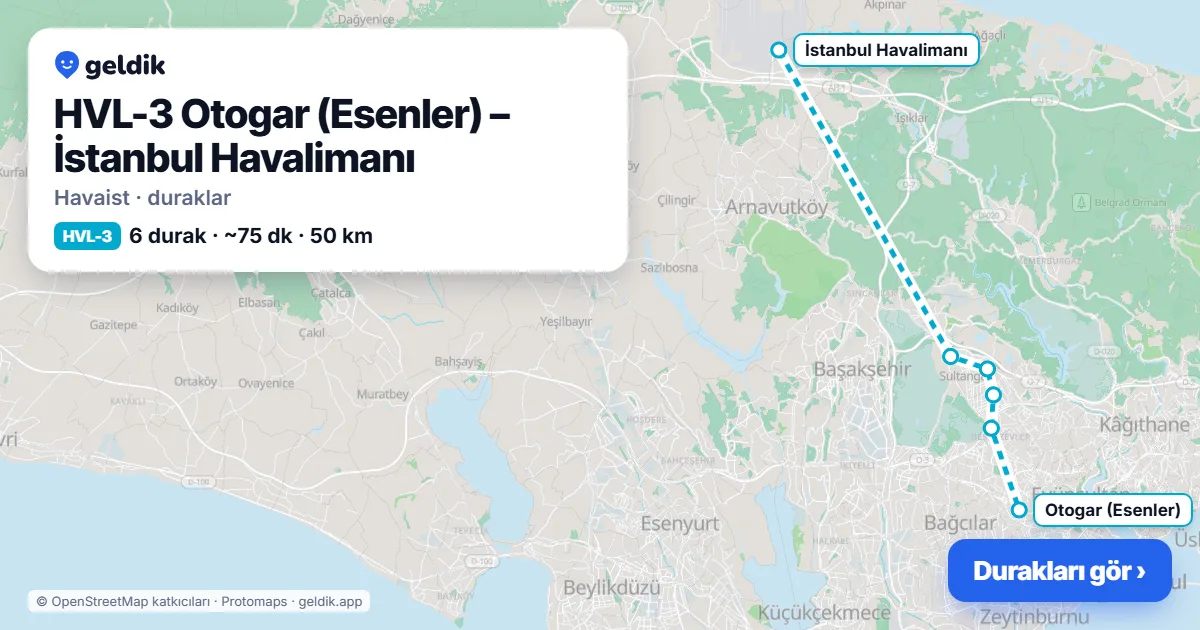 HVL-3 Otogar (Esenler) – İstanbul Havalimanı Havaist durakları haritası: İstanbul Havalimanı, Malkoçoğlu, Cebeci Mahallesi, Hoca Ahmet Yesevi, Kiptaş (Venezia Avm), Otogar (Esenler)
