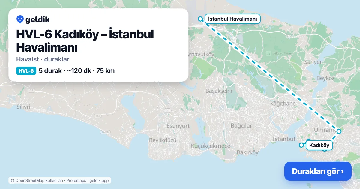 HVL-6 Kadıköy – İstanbul Havalimanı Havaist durakları haritası: İstanbul Havalimanı, Tepeüstü, Yenisahra, Acıbadem Metro, Kadıköy
