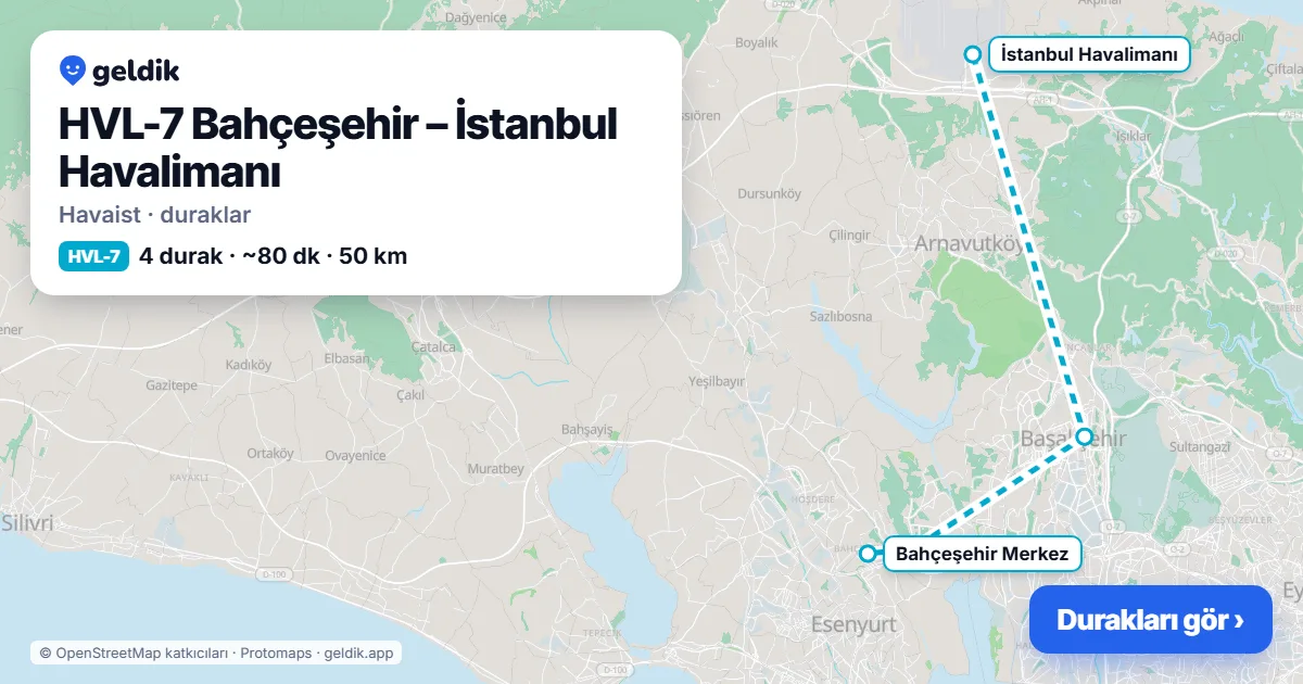 HVL-7 Bahçeşehir – İstanbul Havalimanı Havaist durakları haritası: İstanbul Havalimanı, Başakşehir Metrokent (B), Ispartakule Blokları, Bahçeşehir Merkez