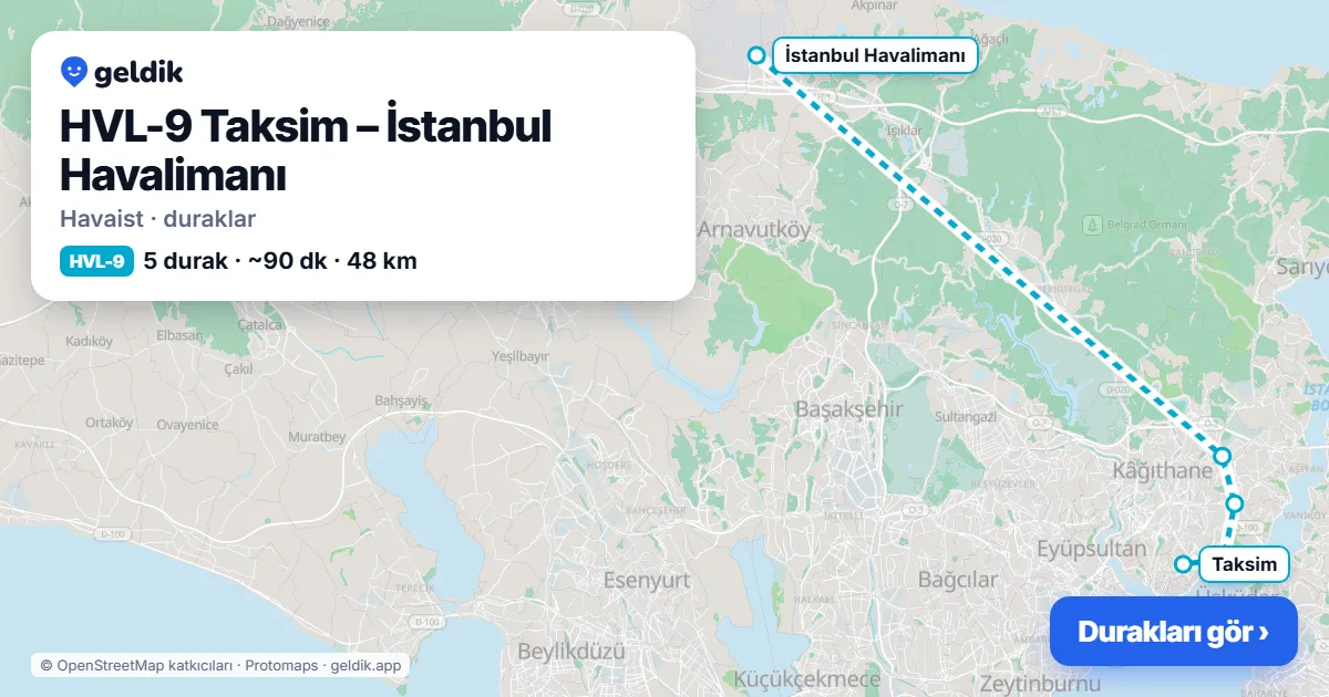 HVL-9 Taksim – İstanbul Havalimanı Havaist durakları haritası: İstanbul Havalimanı, 4. Levent, Zincirlikuyu Metrobüs, Beşiktaş Meydan, Taksim