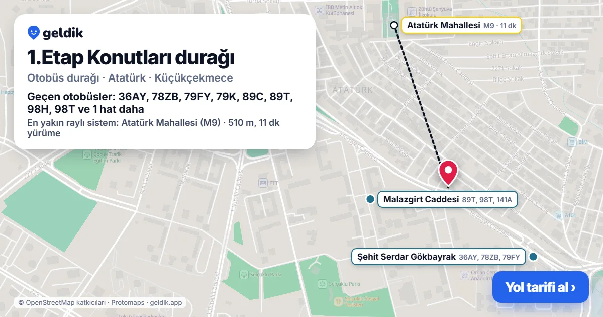 1.Etap Konutları otobüs durağı haritada: konumu ve yakındaki duraklar