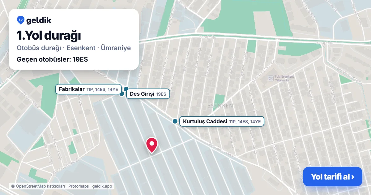 1.Yol otobüs durağı haritada: konumu ve yakındaki duraklar