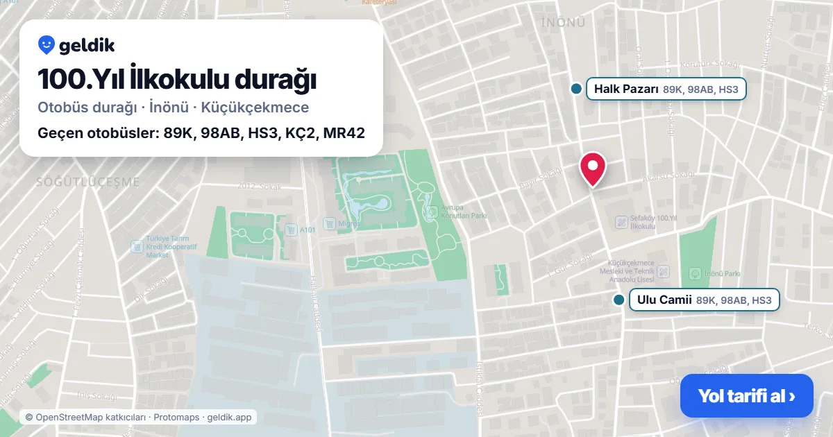 100.Yıl İlkokulu otobüs durağı haritada: konumu ve yakındaki duraklar