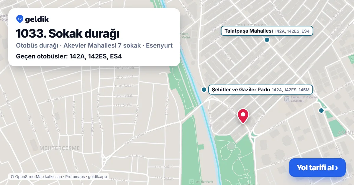 1033. Sokak otobüs durağı haritada: konumu ve yakındaki duraklar
