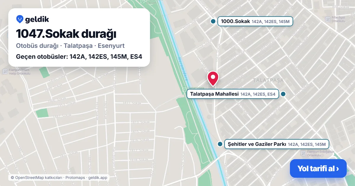 1047.Sokak otobüs durağı haritada: konumu ve yakındaki duraklar