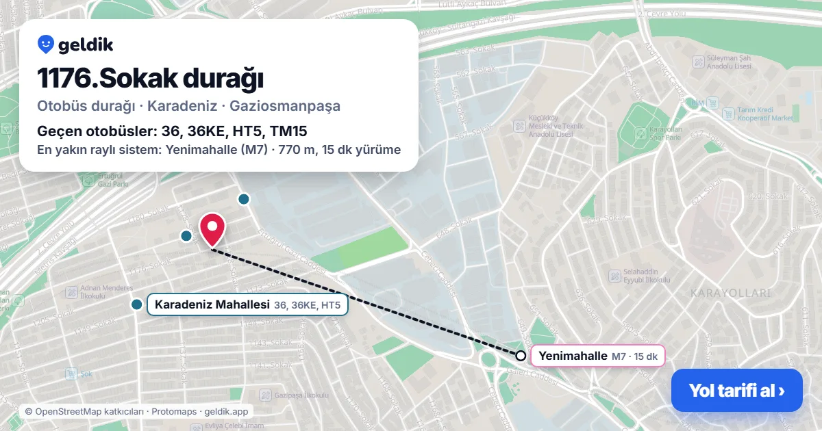 1176.Sokak otobüs durağı haritada: konumu ve yakındaki duraklar