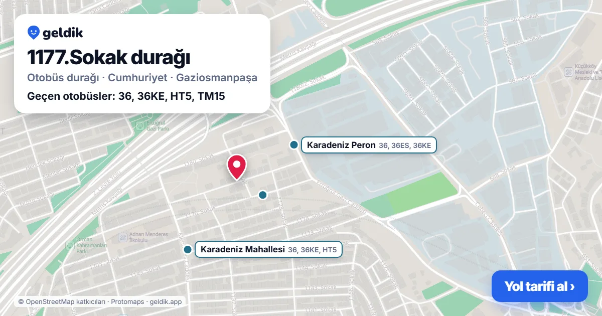 1177.Sokak otobüs durağı haritada: konumu ve yakındaki duraklar
