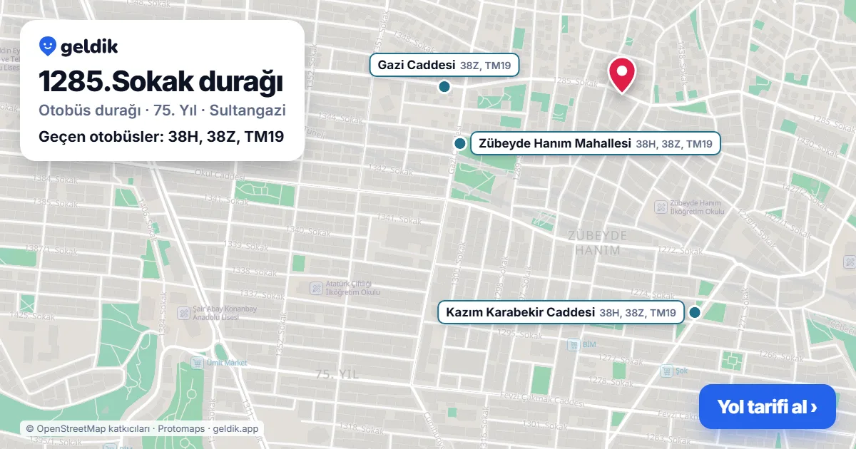 1285.Sokak otobüs durağı haritada: konumu ve yakındaki duraklar