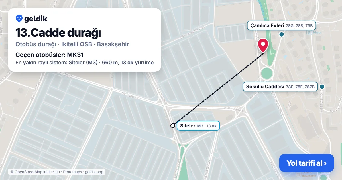 13.Cadde otobüs durağı haritada: konumu ve yakındaki duraklar