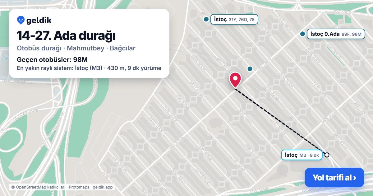 14-27. Ada otobüs durağı haritada: konumu ve yakındaki duraklar