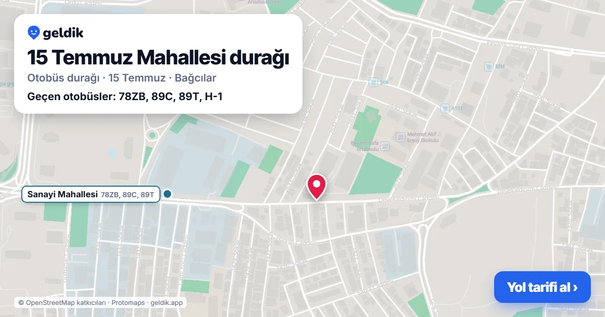 15 Temmuz Mahallesi otobüs durağı haritada: konumu ve yakındaki duraklar