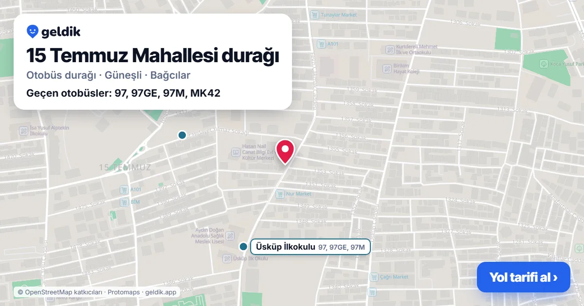 15 Temmuz Mahallesi otobüs durağı haritada: konumu ve yakındaki duraklar