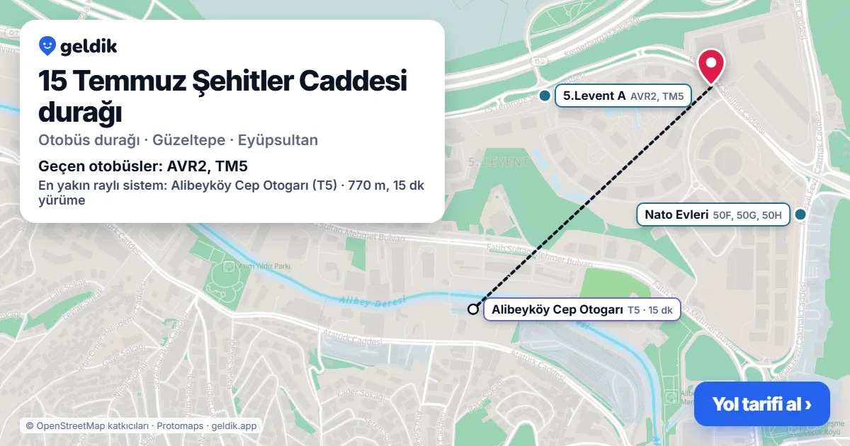 15 Temmuz Şehitler Caddesi otobüs durağı haritada: konumu ve yakındaki duraklar