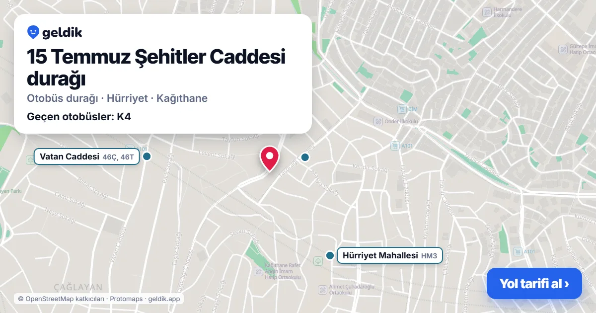 15 Temmuz Şehitler Caddesi otobüs durağı haritada: konumu ve yakındaki duraklar