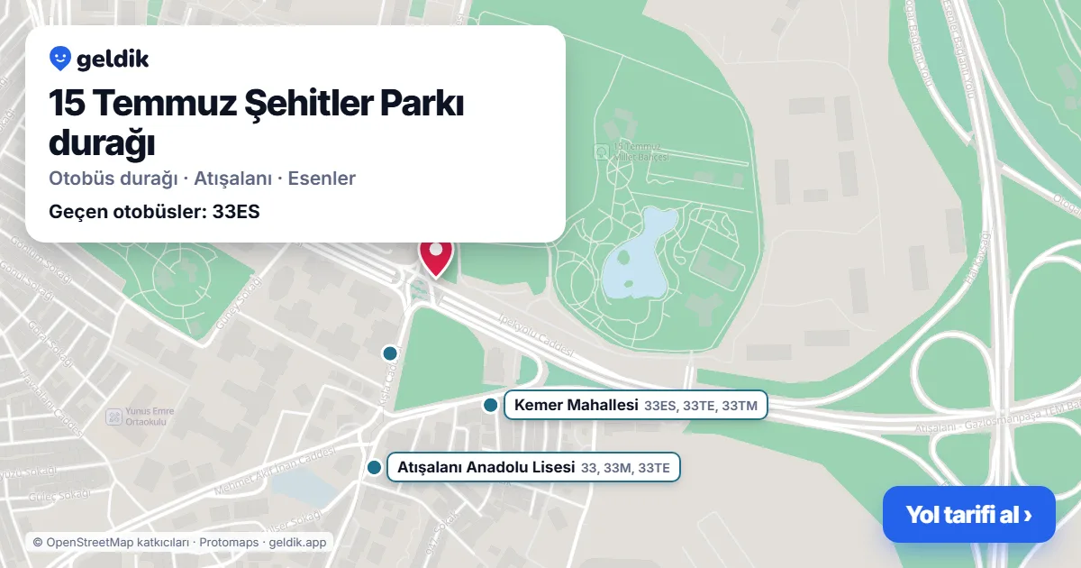 15 Temmuz Şehitler Parkı otobüs durağı haritada: konumu ve yakındaki duraklar