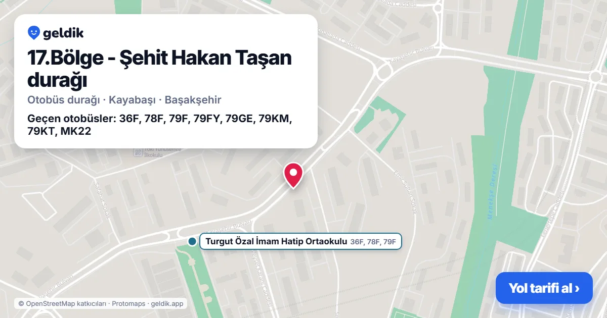 17.Bölge - Şehit Hakan Taşan otobüs durağı haritada: konumu ve yakındaki duraklar
