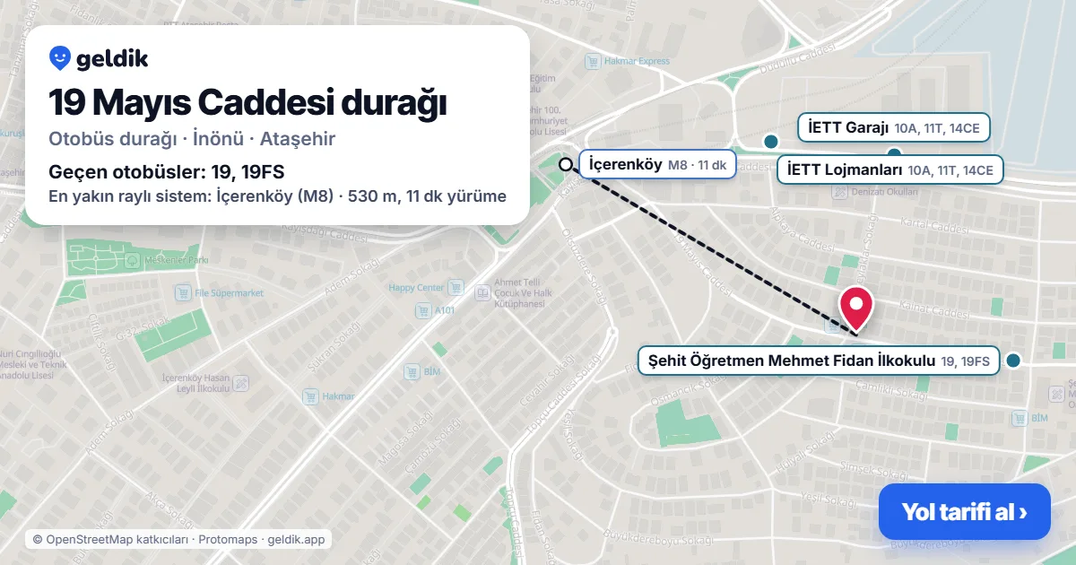 19 Mayıs Caddesi otobüs durağı haritada: konumu ve yakındaki duraklar
