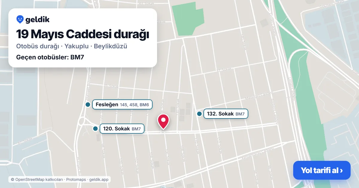 19 Mayıs Caddesi otobüs durağı haritada: konumu ve yakındaki duraklar