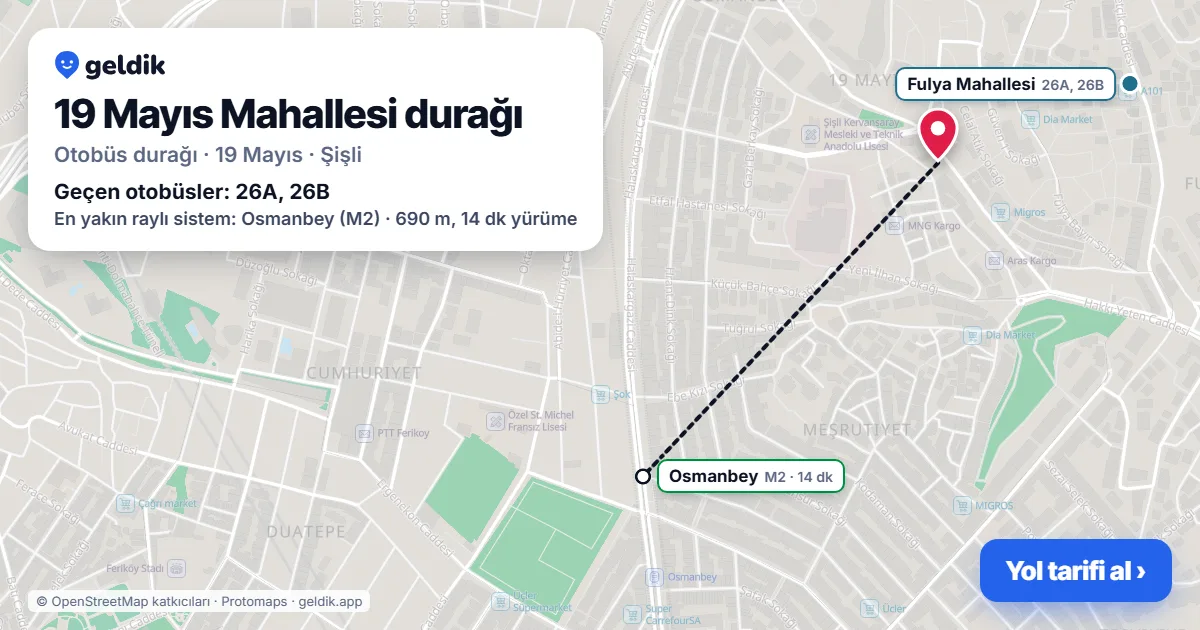 19 Mayıs Mahallesi otobüs durağı haritada: konumu ve yakındaki duraklar