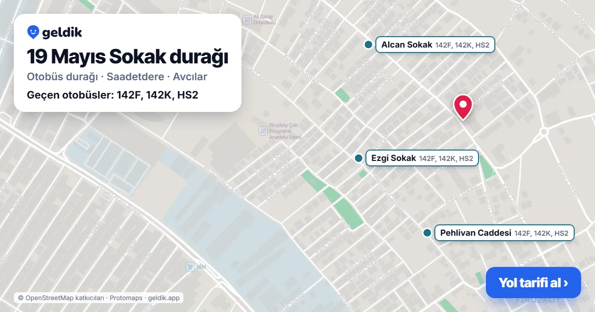 19 Mayıs Sokak otobüs durağı haritada: konumu ve yakındaki duraklar