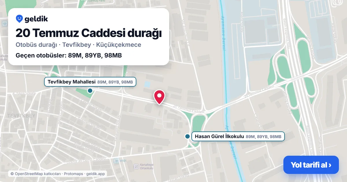 20 Temmuz Caddesi otobüs durağı haritada: konumu ve yakındaki duraklar