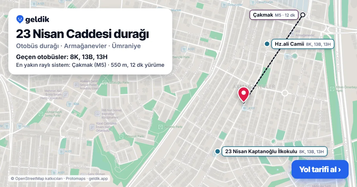 23 Nisan Caddesi otobüs durağı haritada: konumu ve yakındaki duraklar