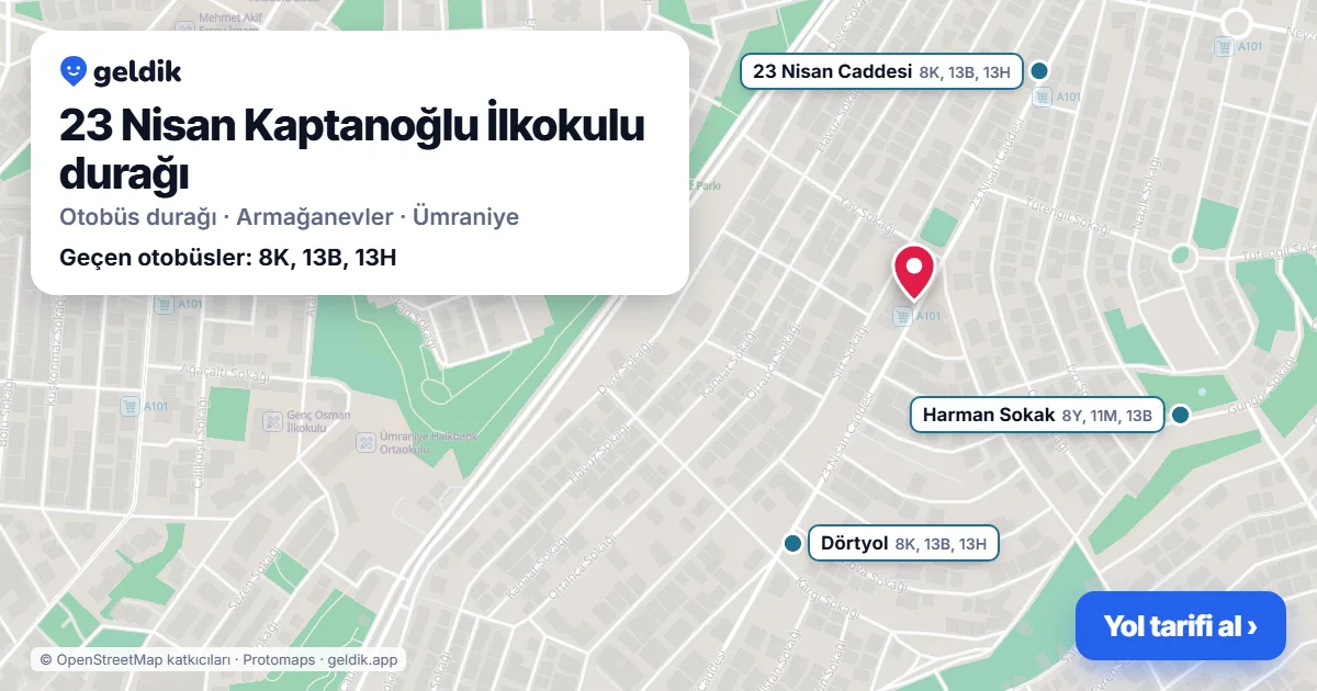 23 Nisan Kaptanoğlu İlkokulu otobüs durağı haritada: konumu ve yakındaki duraklar