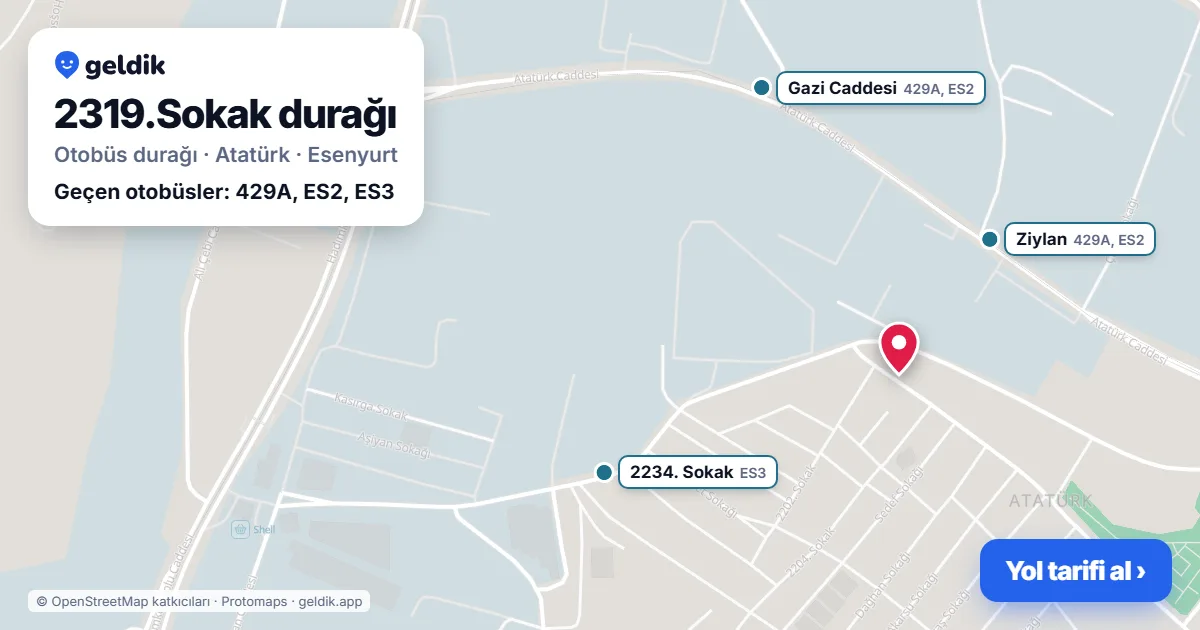 2319.Sokak otobüs durağı haritada: konumu ve yakındaki duraklar