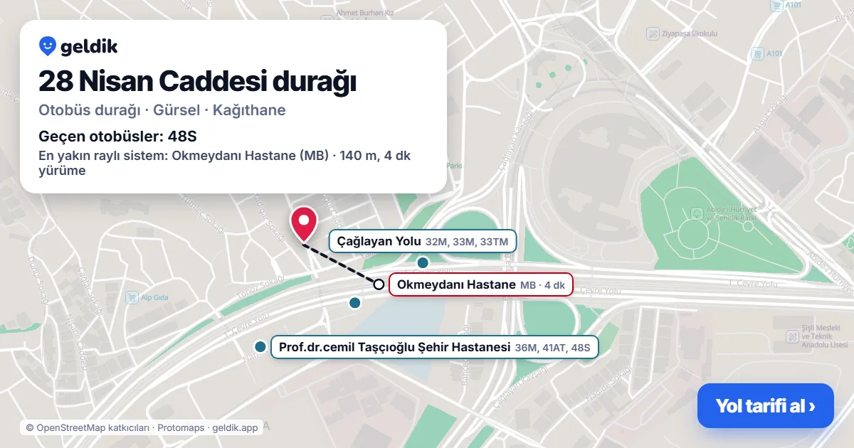 28 Nisan Caddesi otobüs durağı haritada: konumu ve yakındaki duraklar