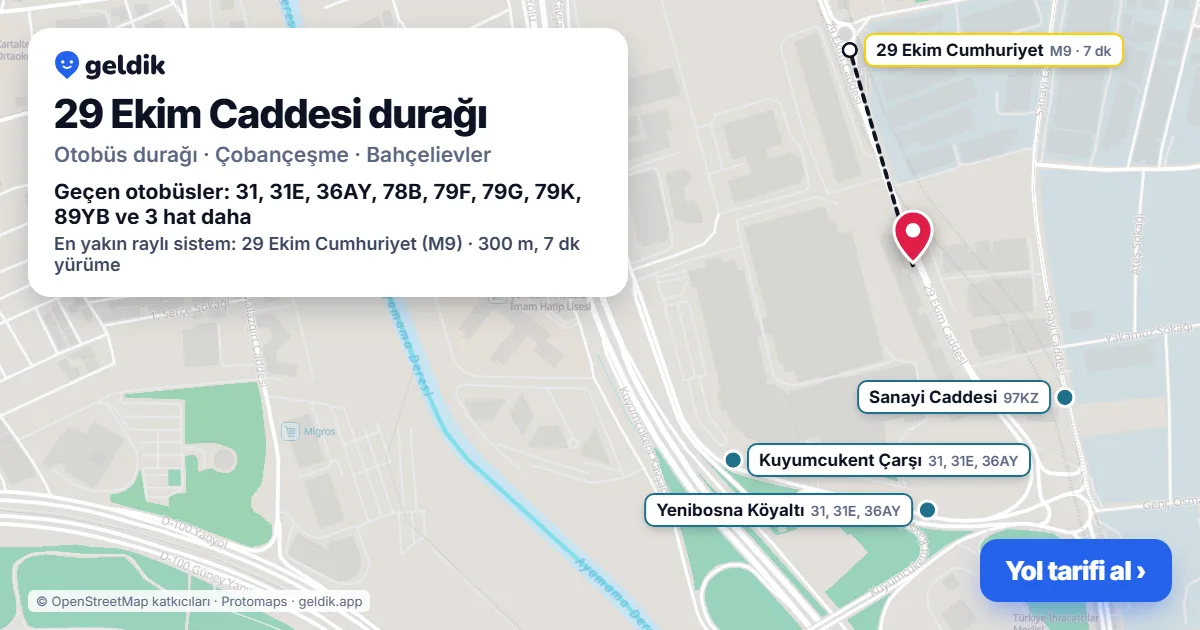 29 Ekim Caddesi otobüs durağı haritada: konumu ve yakındaki duraklar