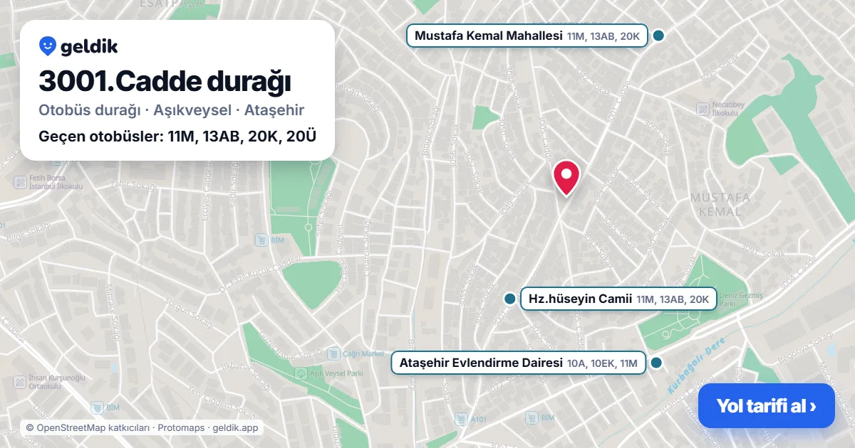 3001.Cadde otobüs durağı haritada: konumu ve yakındaki duraklar