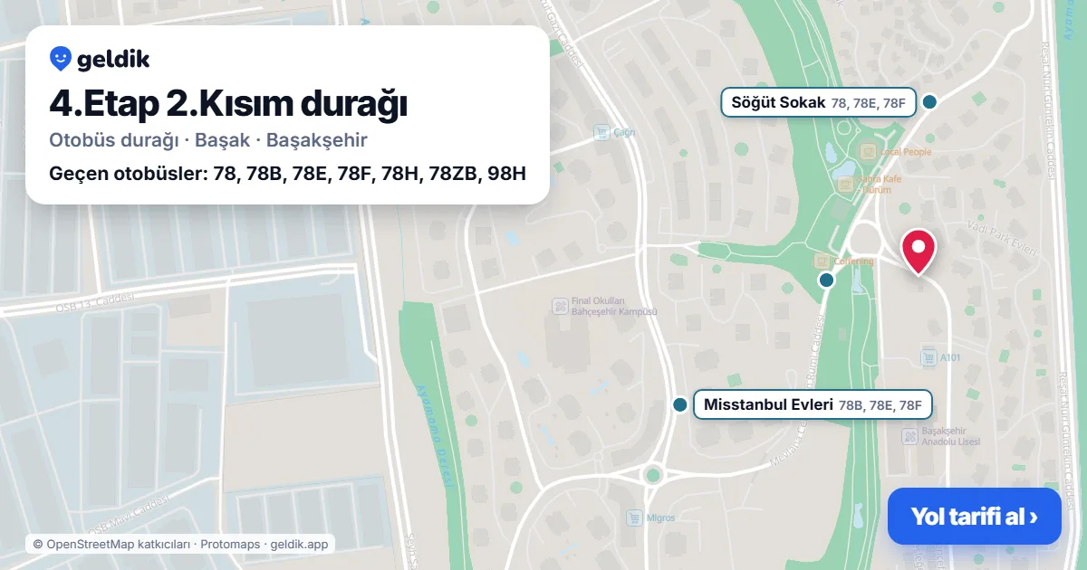 4.Etap 2.Kısım otobüs durağı haritada: konumu ve yakındaki duraklar