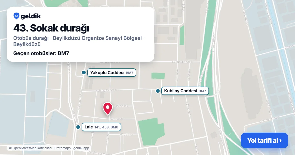 43. Sokak otobüs durağı haritada: konumu ve yakındaki duraklar