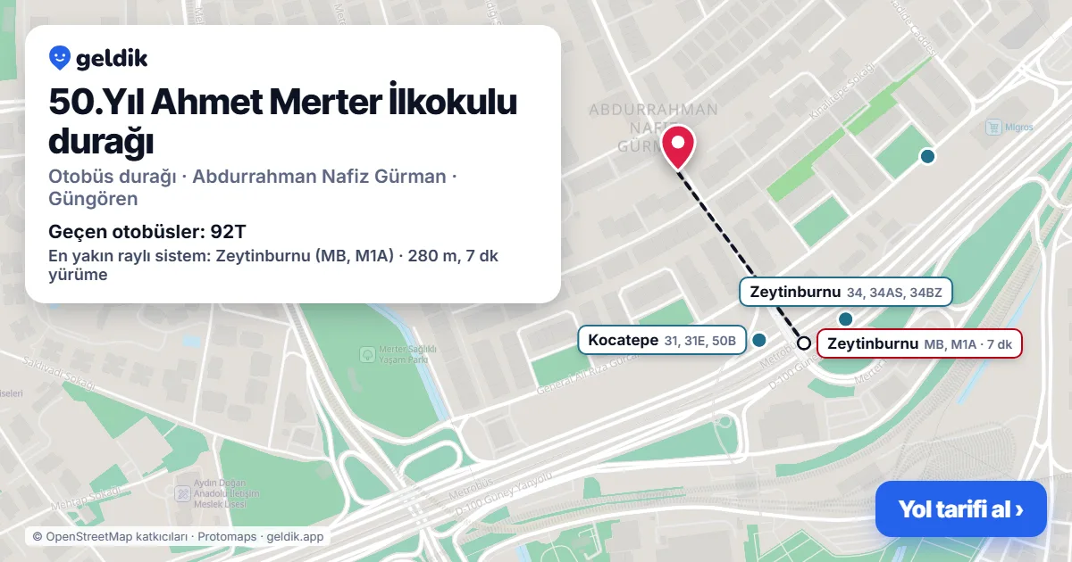 50.Yıl Ahmet Merter İlkokulu otobüs durağı haritada: konumu ve yakındaki duraklar
