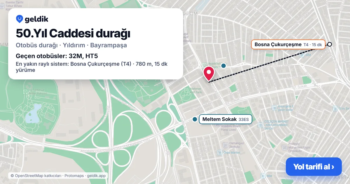 50.Yıl Caddesi otobüs durağı haritada: konumu ve yakındaki duraklar