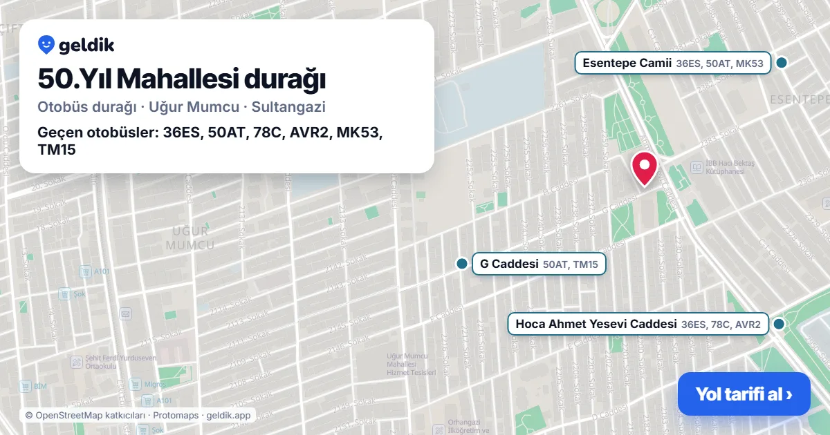 50.Yıl Mahallesi otobüs durağı haritada: konumu ve yakındaki duraklar