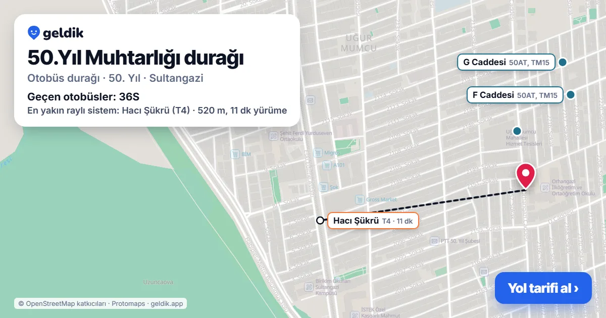 50.Yıl Muhtarlığı otobüs durağı haritada: konumu ve yakındaki duraklar