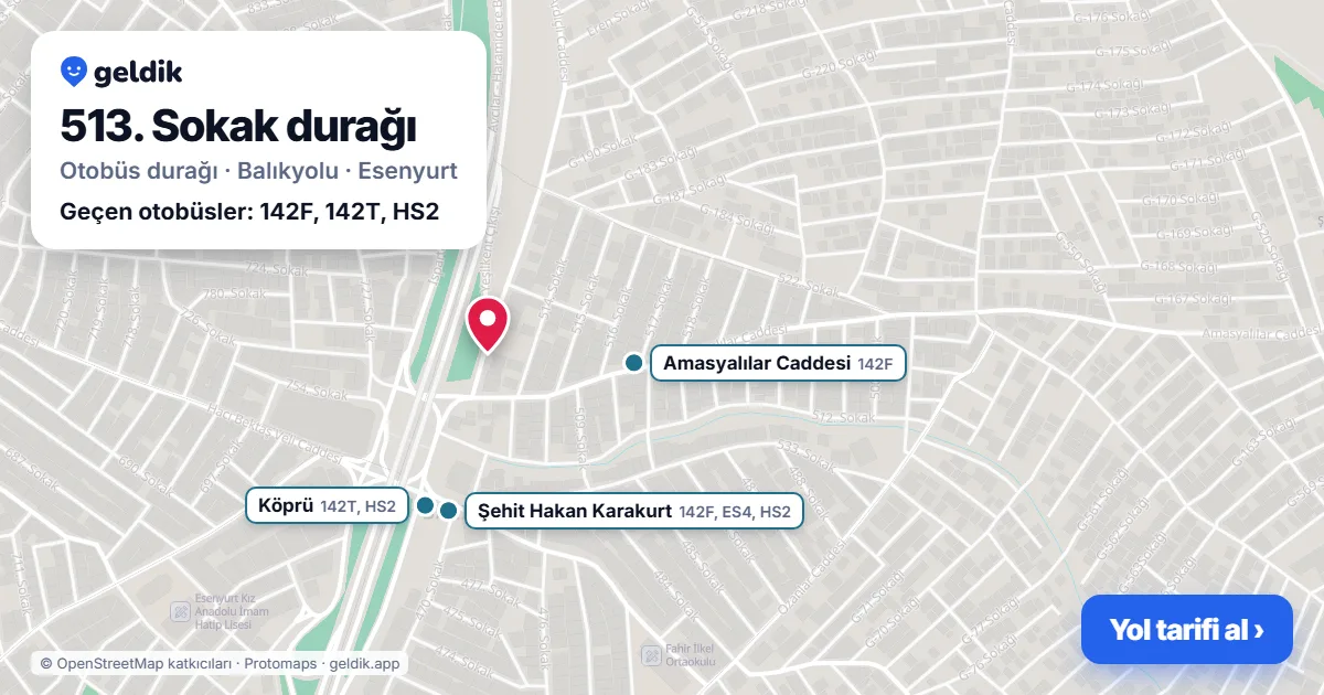 513. Sokak otobüs durağı haritada: konumu ve yakındaki duraklar