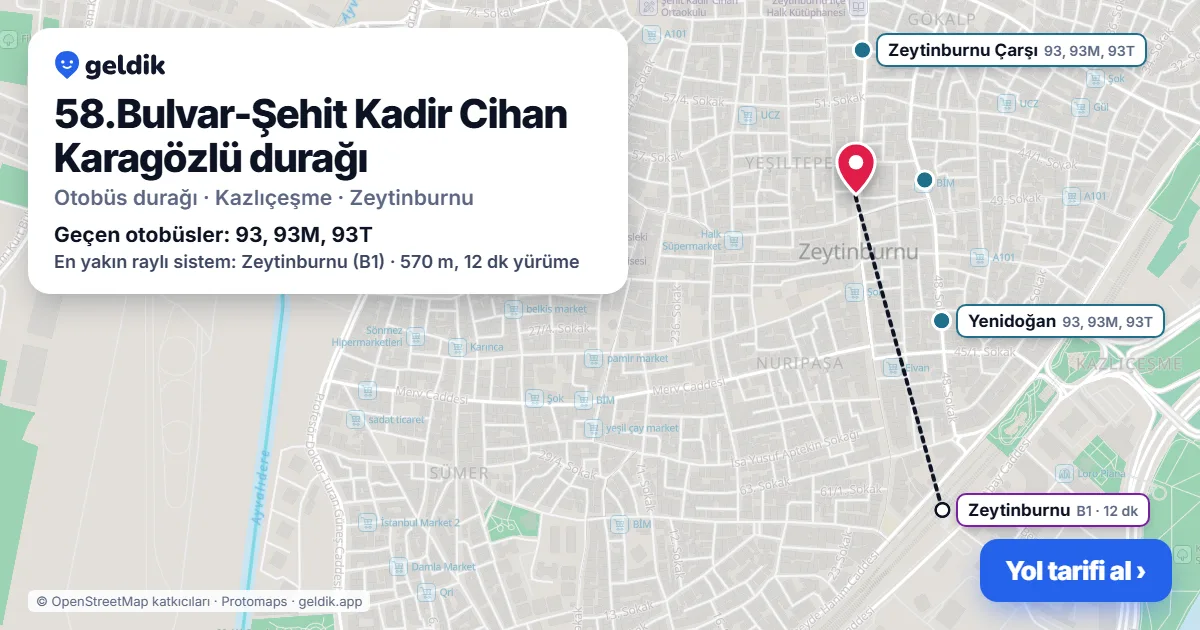 58.Bulvar-Şehit Kadir Cihan Karagözlü otobüs durağı haritada: konumu ve yakındaki duraklar