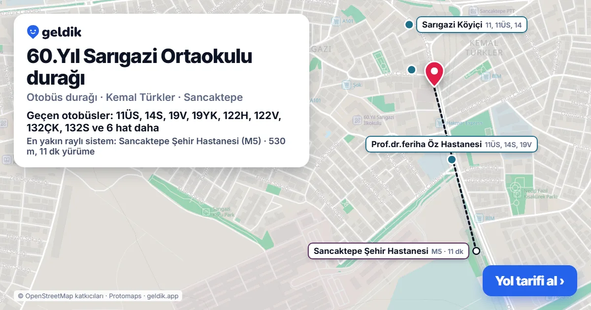 60.Yıl Sarıgazi Ortaokulu otobüs durağı haritada: konumu ve yakındaki duraklar