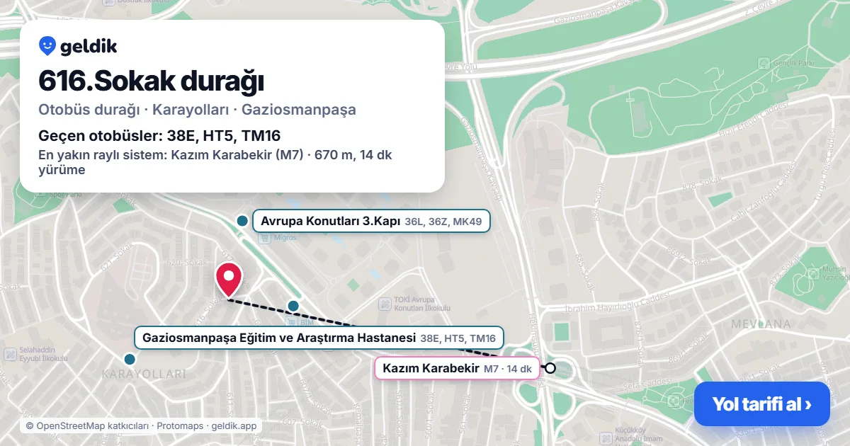 616.Sokak otobüs durağı haritada: konumu ve yakındaki duraklar