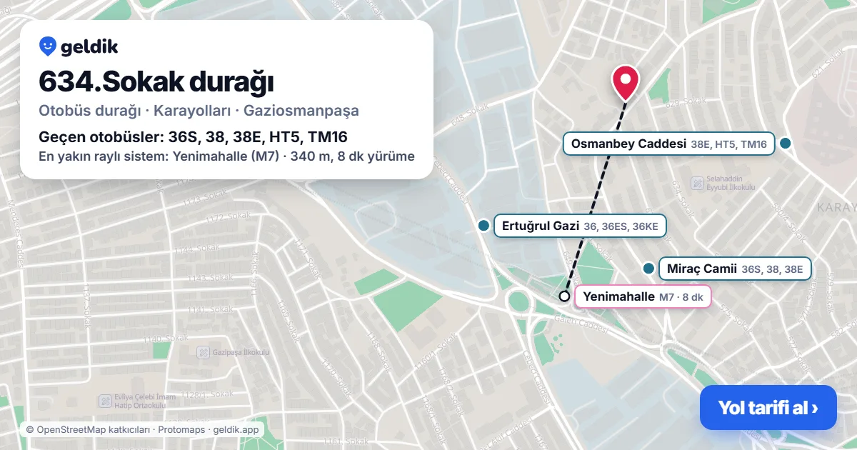 634.Sokak otobüs durağı haritada: konumu ve yakındaki duraklar