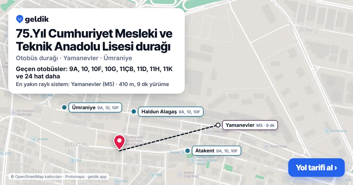 75.Yıl Cumhuriyet Mesleki ve Teknik Anadolu Lisesi otobüs durağı haritada: konumu ve yakındaki duraklar