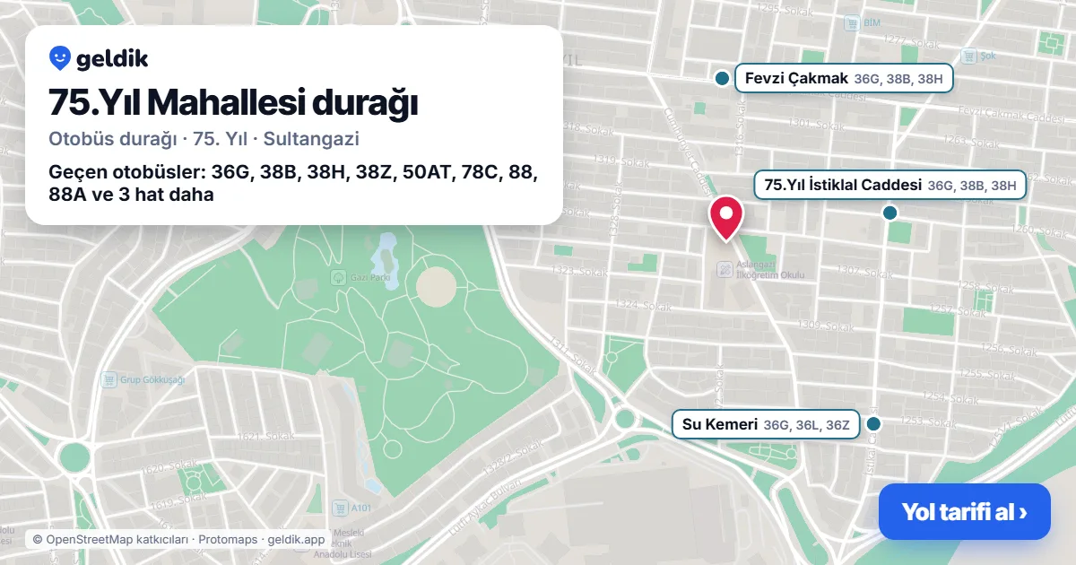 75.Yıl Mahallesi otobüs durağı haritada: konumu ve yakındaki duraklar