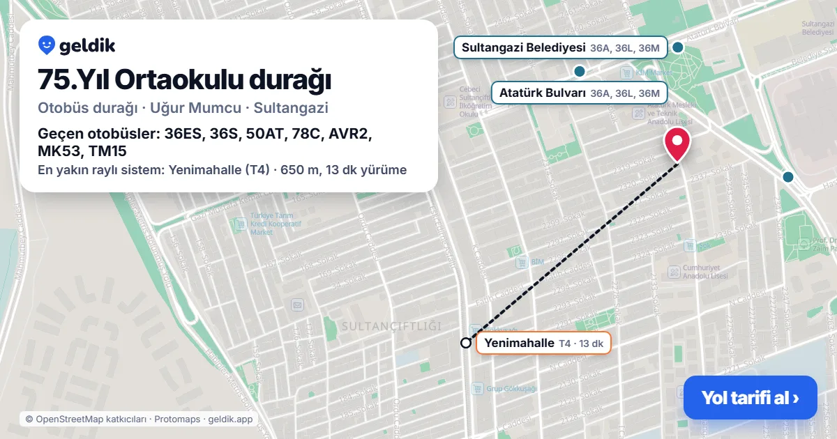 75.Yıl Ortaokulu otobüs durağı haritada: konumu ve yakındaki duraklar