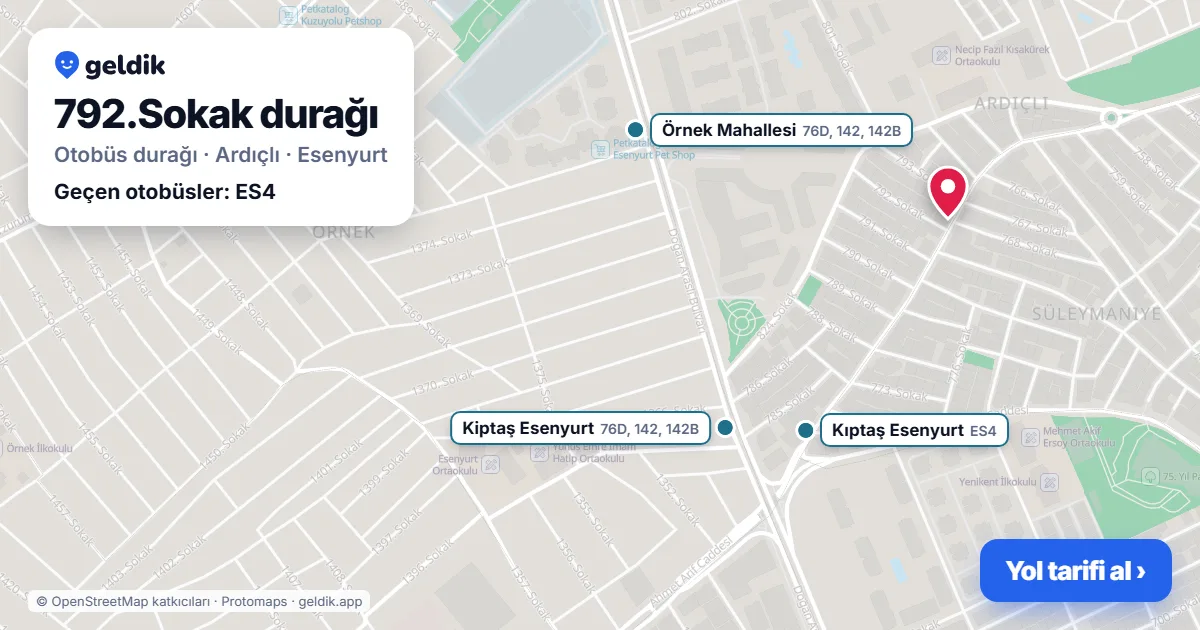 792.Sokak otobüs durağı haritada: konumu ve yakındaki duraklar