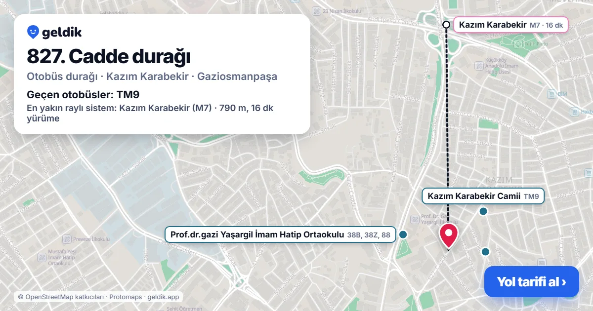 827. Cadde otobüs durağı haritada: konumu ve yakındaki duraklar